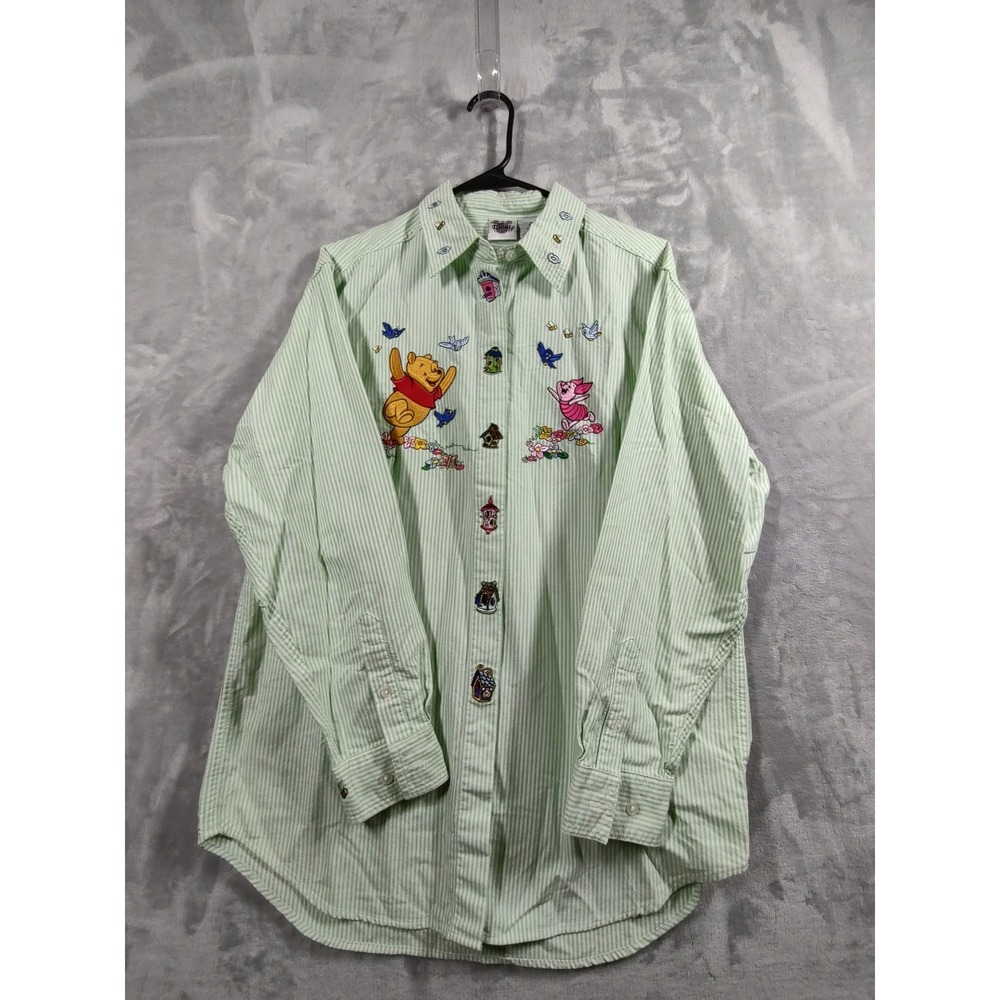 Disney Catalog Winnie the Pooh Embroidered Striped Shirt Green White Womens M